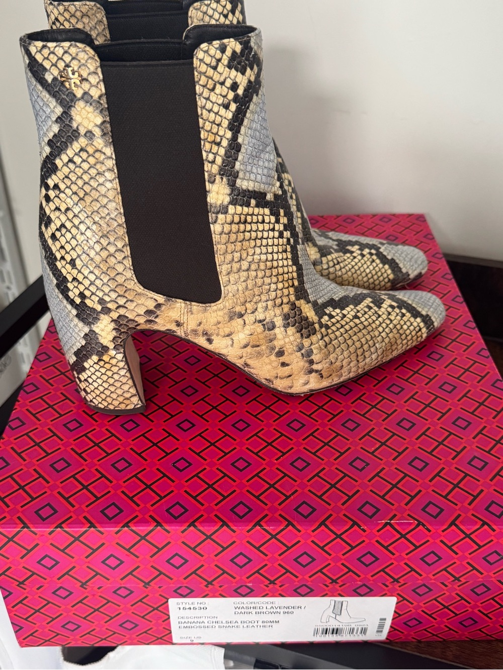 Tory Burch Snake-Print Chelsea Ankle Boots in Black and Beige